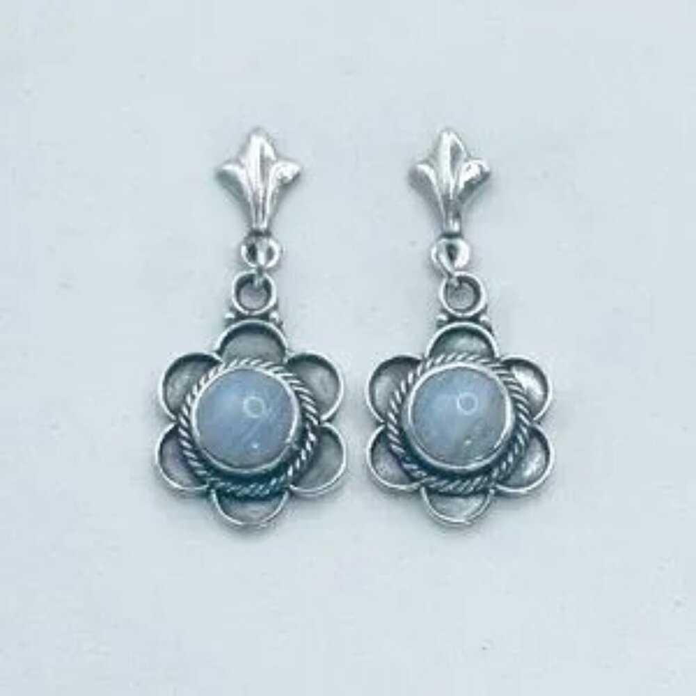 Sterling Silver Flower Blue Lace Agate Post Dangle Earrings